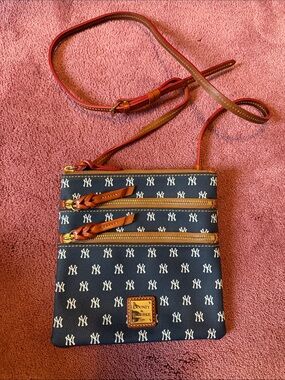 Dooney & Bourke Navy and White NY Yankees MLB Logo Crossbody with Brown Trim